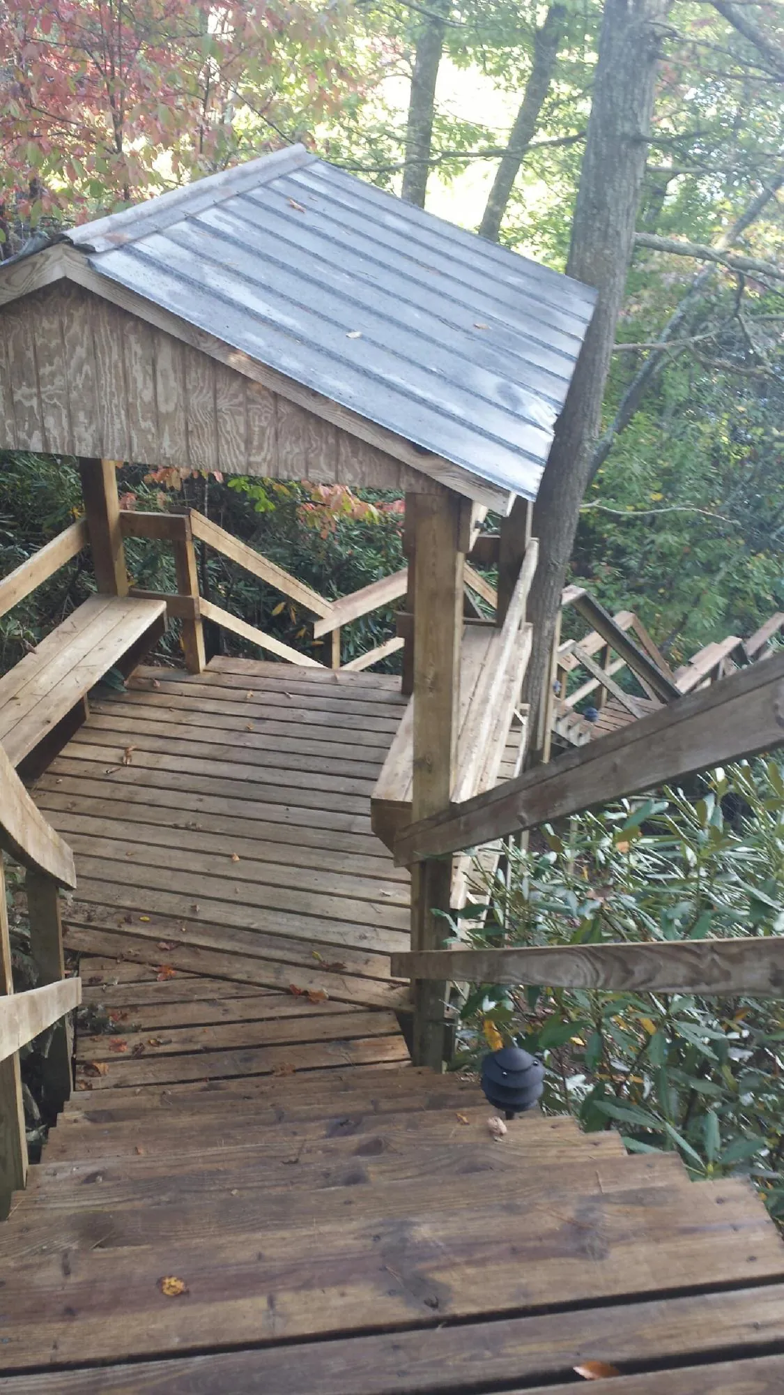 Metal roofed shelter over wooden steps on a wooded walkway — Skylight Repair & Installation work by our crew in Sun City